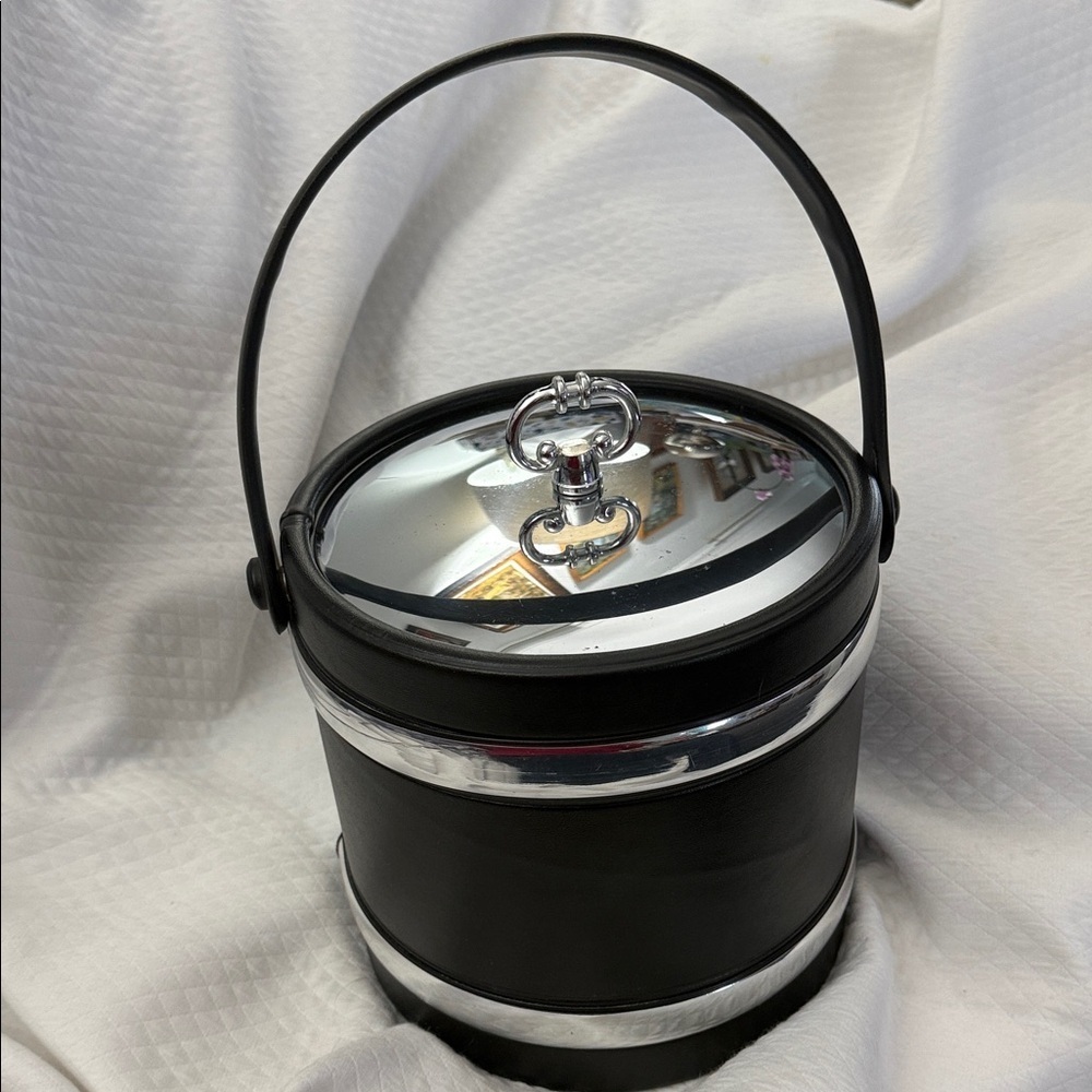Vintage Kraftware MCM Black Vinyl Ice Bucket - Chrome Style Trim & Lid